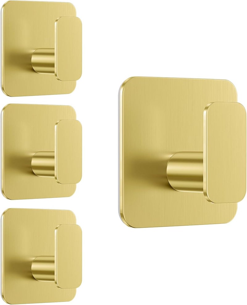 Aikzik Gold Hooks for Hanging Heavy Duty, Adhesive Hooks for Shower, Bathroom, Kitchen, Robe, Towel, Coat, Waterproof & Rustproof Hook for Walls No Damage, Stainless Steel Sticky Hook - 4 Pack - Image 1